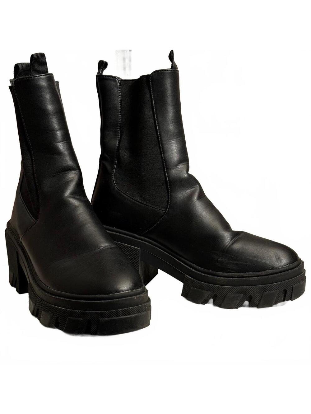 Black Chunky Platform Chelsea Boots Lug Sole Block Heel Size 7.5